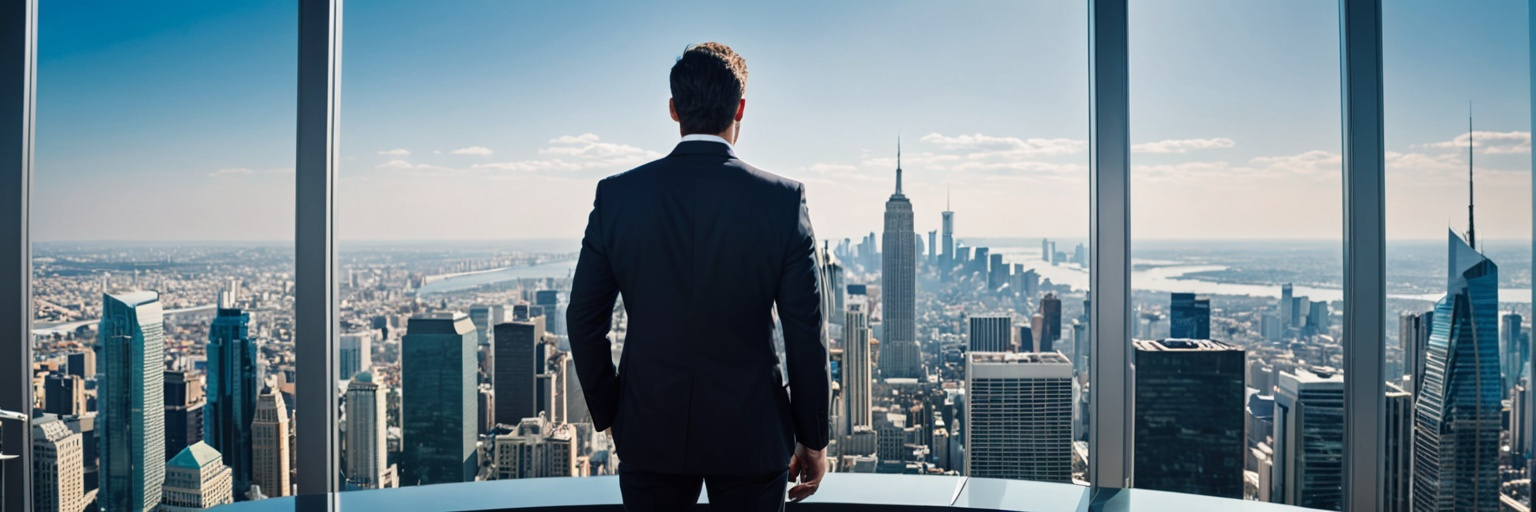 Man looking outside the window with the city of cincinnati below